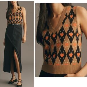 Anthropologie Maeve Vera Jacquard Argyle Heart Sweater Vest V Neck Layering XL